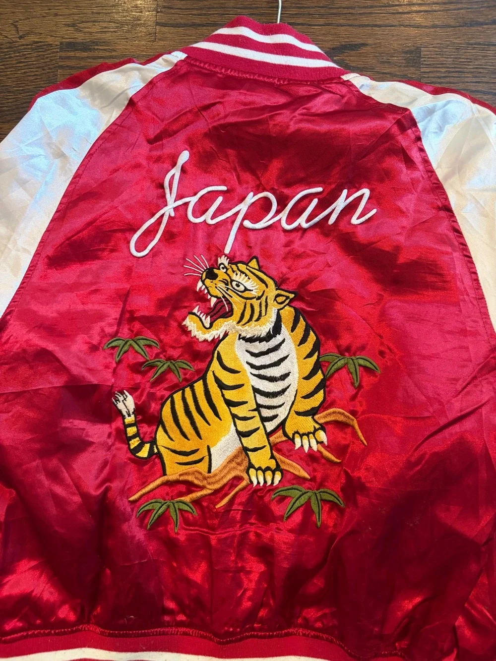 Red and White Satin Tiger Embroidered Bomber Jacket